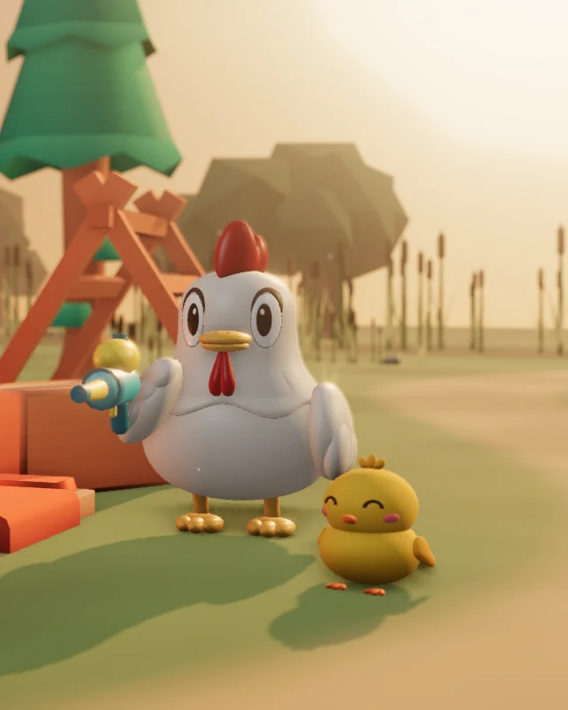 Ayam putih dalam game saat ini memegang pistol air plastik berbentuk membulat di dekat api unggun